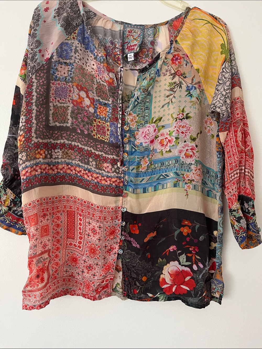 Johnny Was Multicolor Floral Patchwork Button-Front Blouse
